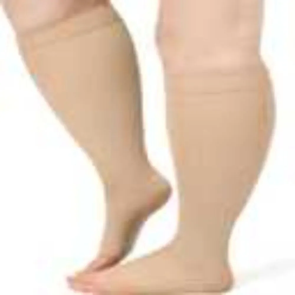Plus Size Compression Socks 20-30 mmhg-Wide Calf, Open Toe, Beige XXL